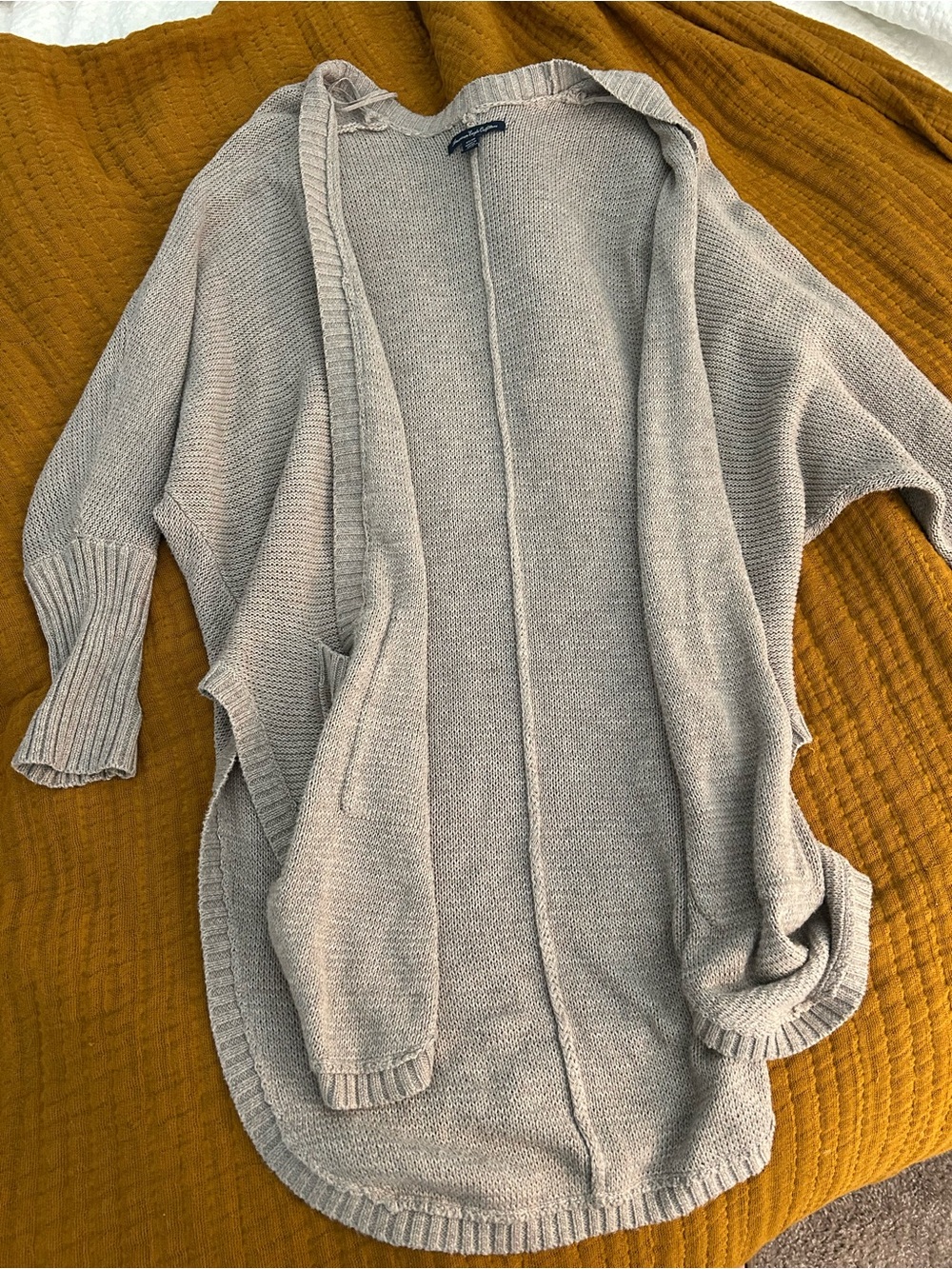 American Eagle Taupe Open-Front Hooded Cardigan Sweater